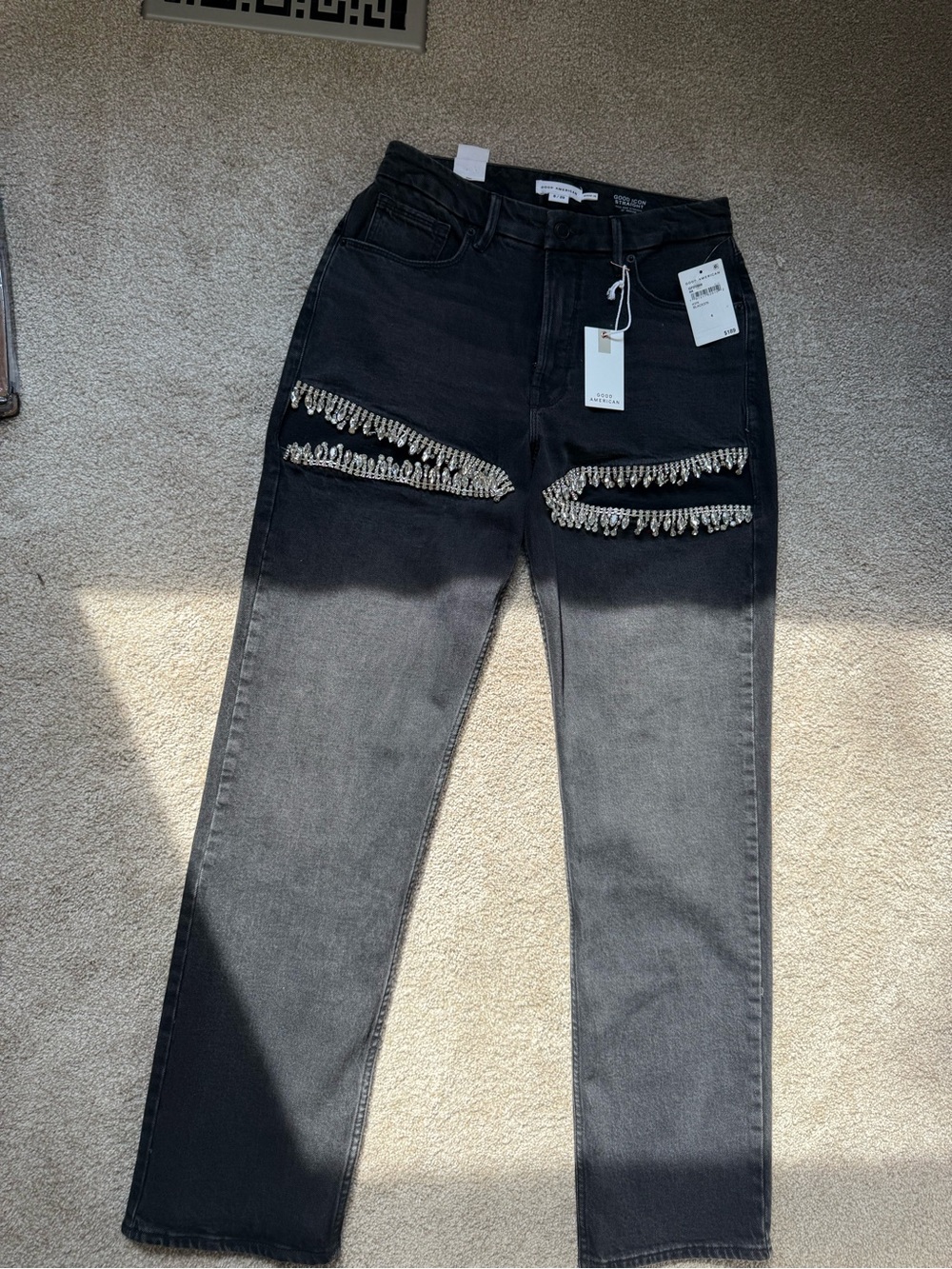 Good American Black Straight Leg Jeans with Crystal Fringe